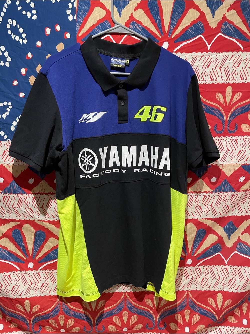 Yamaha Men’s Polo - Black, Blue & Neon Yellow 46 Racing Logo